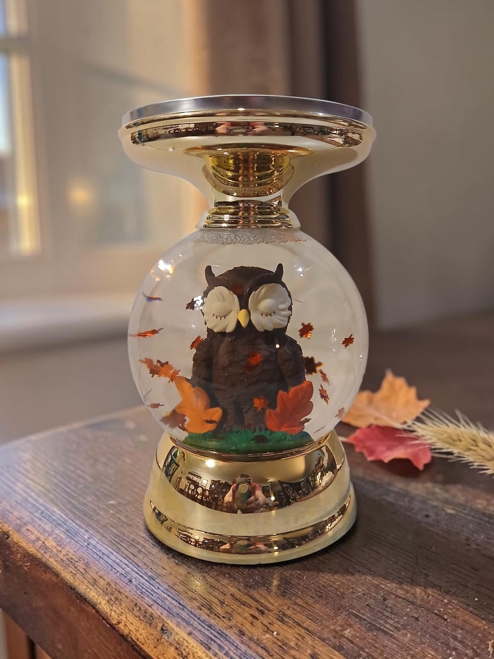 Gold Owl Snow Globe Candle Holder - Brown/Gold Home Accent